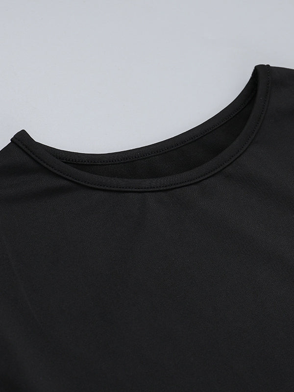 Long Sleeves Skinny Contrast Color Pleated Split-Joint Round-Neck Mini Dresses