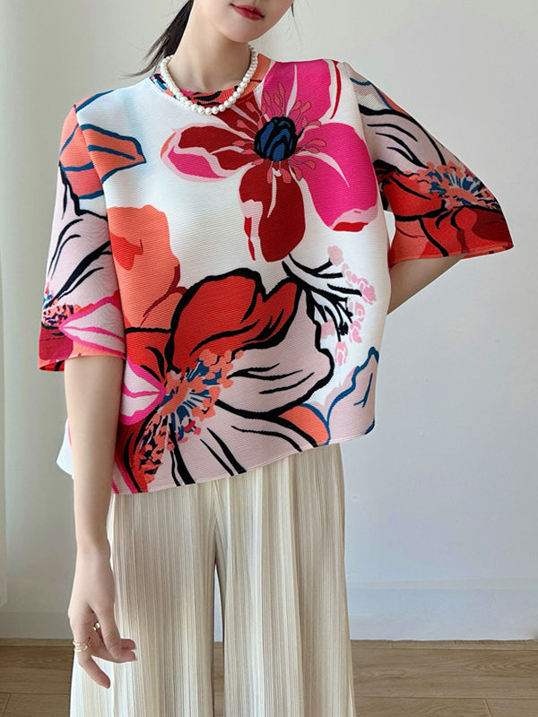 A-Line Half Sleeves Flower Print Pleated Round-Neck T-Shirts Tops