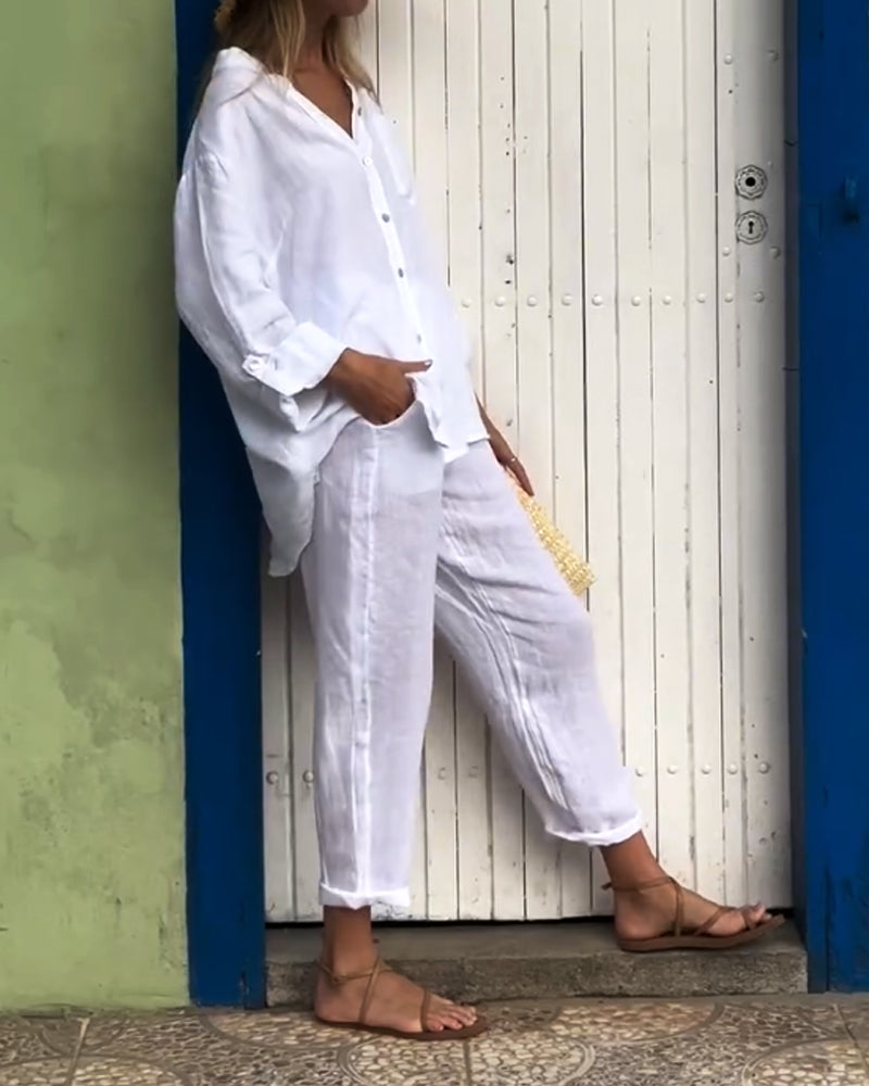 Casual Solid Color Shirt & Pants Two-piece Set