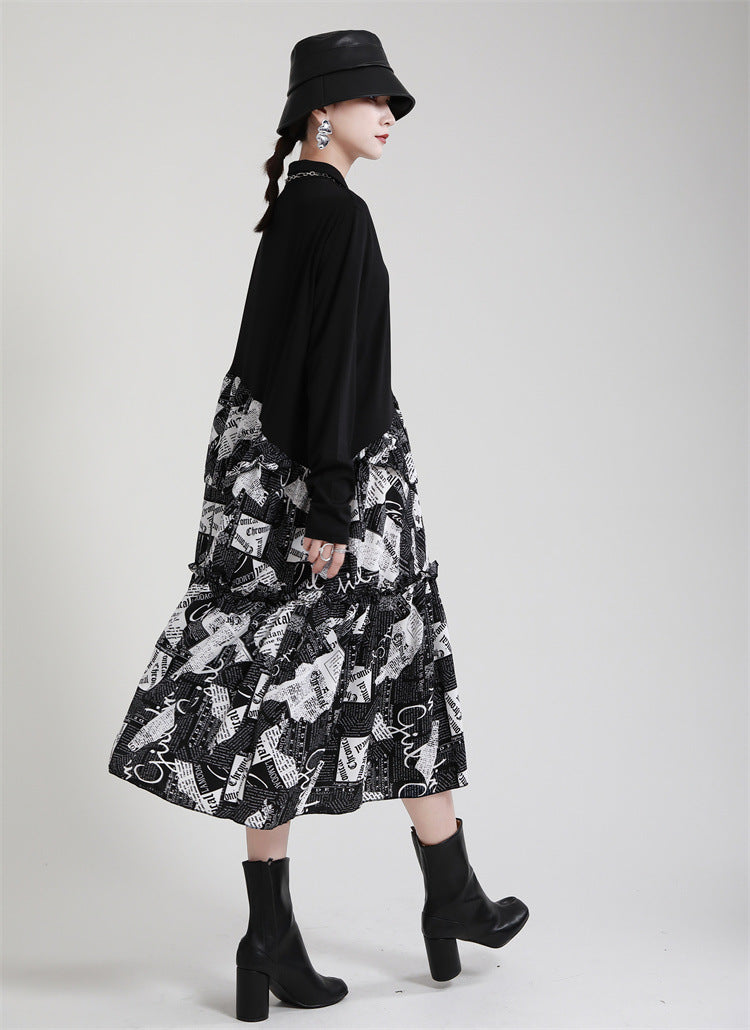 Irregular Splicing Long Sleeve Midi Dress
