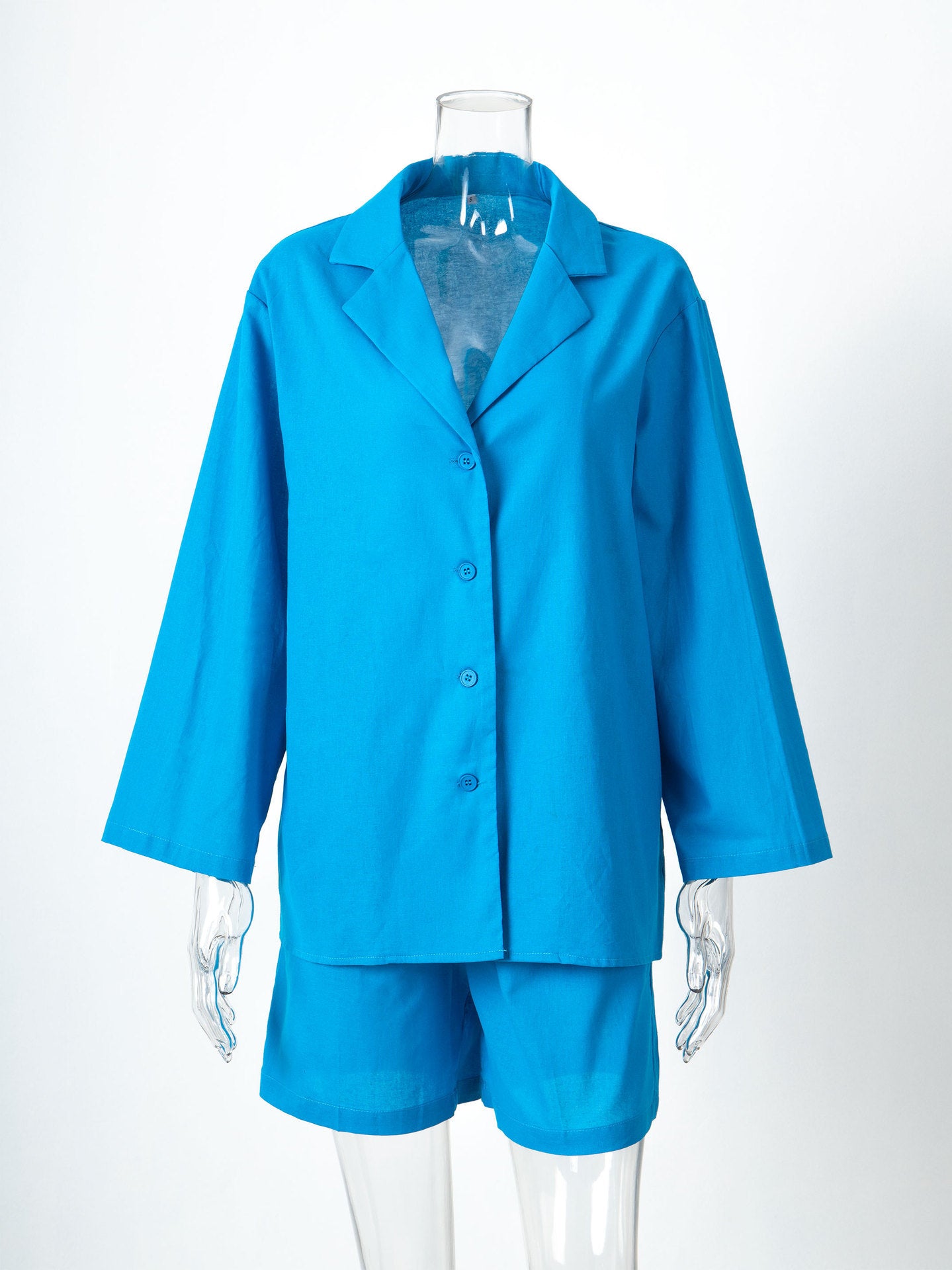 Cotton shorts suit women's lapel loose single-breasted Shirt high waist straight pants two-piece set