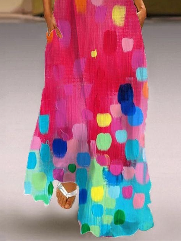 Loose Sleeveless Contrast Color Printed V-Neck Maxi Dresses