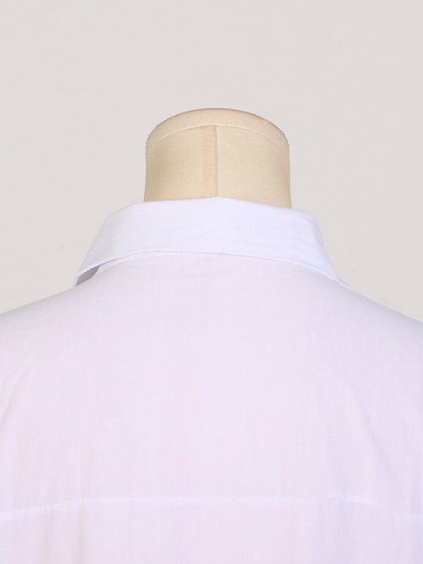 Long Sleeves Loose See-Through Solid Color Split-Joint Split-Side Lapel Maxi Dresses Shirt Dress