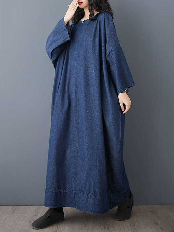 Long Sleeves Loose Solid Color Round-neck Midi Dresses