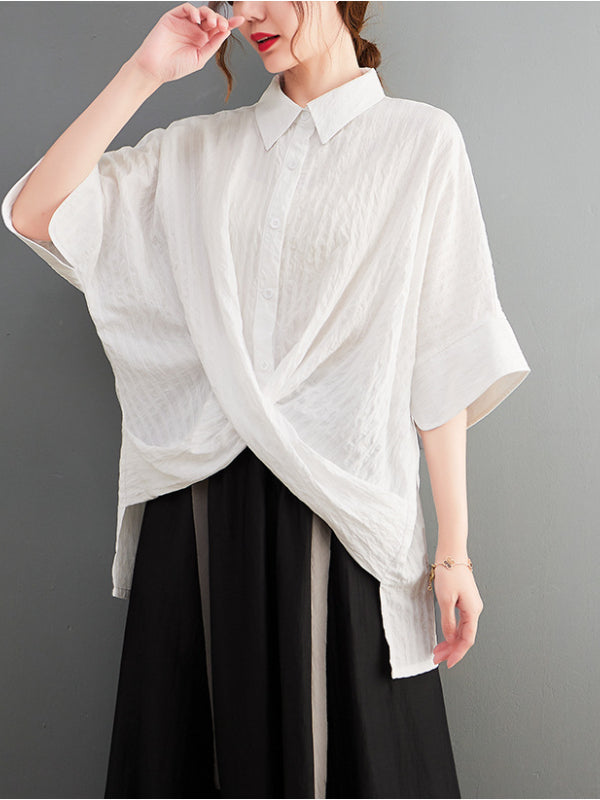 Loose Vertical Stripe Short Sleeve Shirt