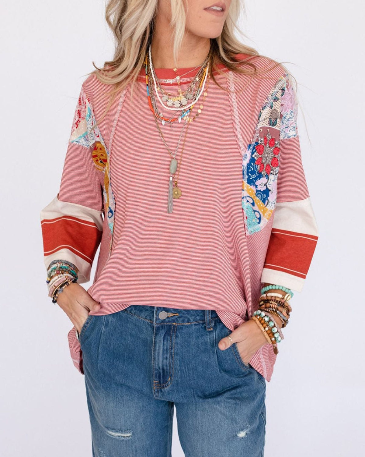 Striped and Floral Patchwork Oversized Top (Buy 2 Free Shipping)
