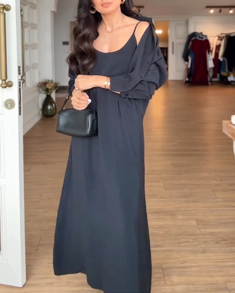 Casual Sling Dress & Shirt Two-Piece Set