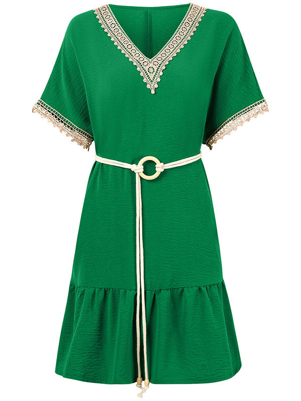 Short Sleeves Belted Split-Joint V-neck Mini Dresses