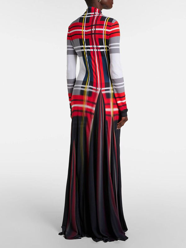 Long Sleeves Contrast Color Pleated Mock Neck Maxi Dresses