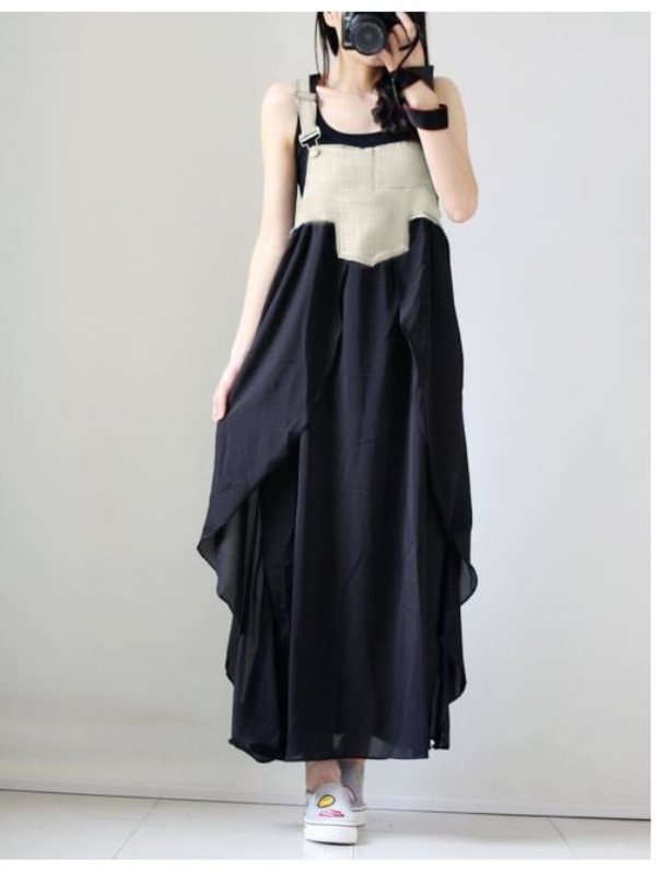 Loose Denim Splicing Suspender Maxi Dress