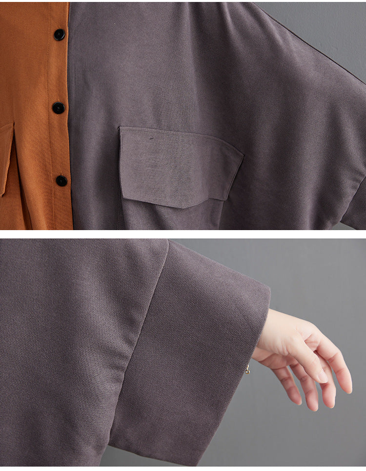 Loose Color Blocking Long Sleeve Midi Dress