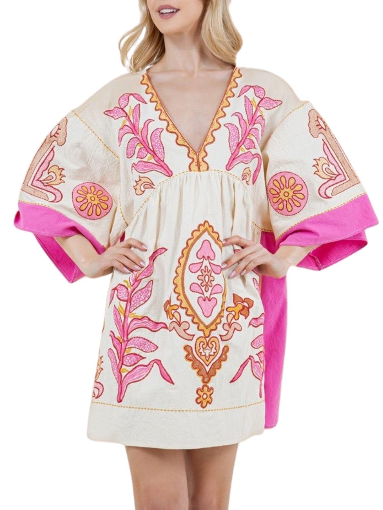 🌸Women's  V-Neck 3/4 Sleeves Loose Fit Vintage Embroidered Dress(Buy 2 Free Shipping)