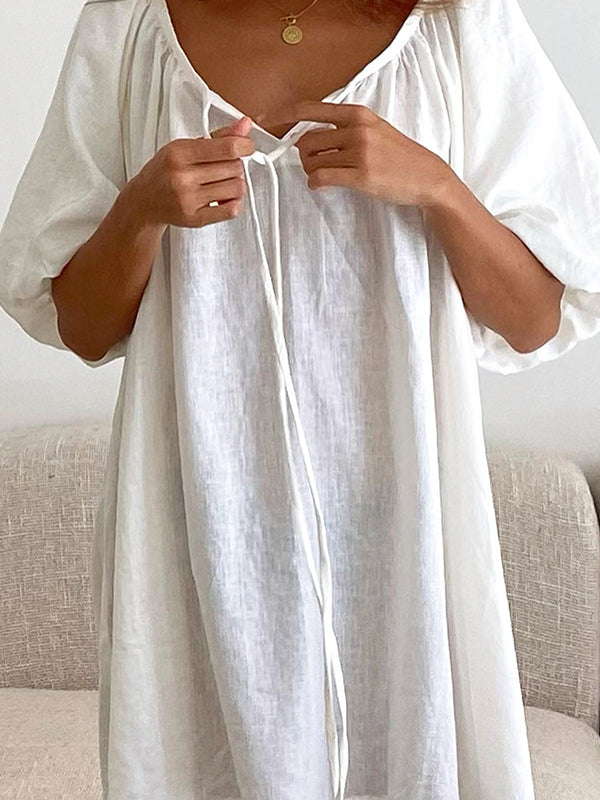 Loose Puff Sleeves Lace-Up Pleated See-Through Solid Color V-Neck Mini Dresses Sleep Dress