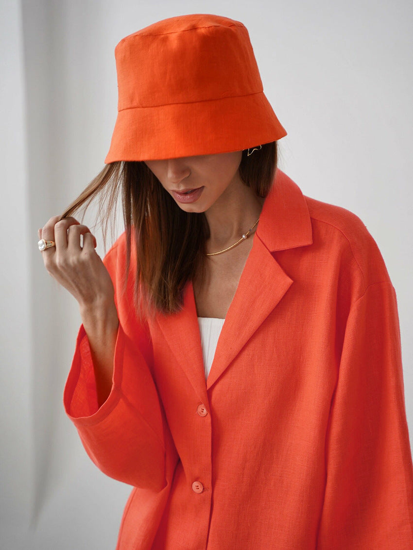 Cotton shorts suit women's lapel loose single-breasted Shirt high waist straight pants two-piece set