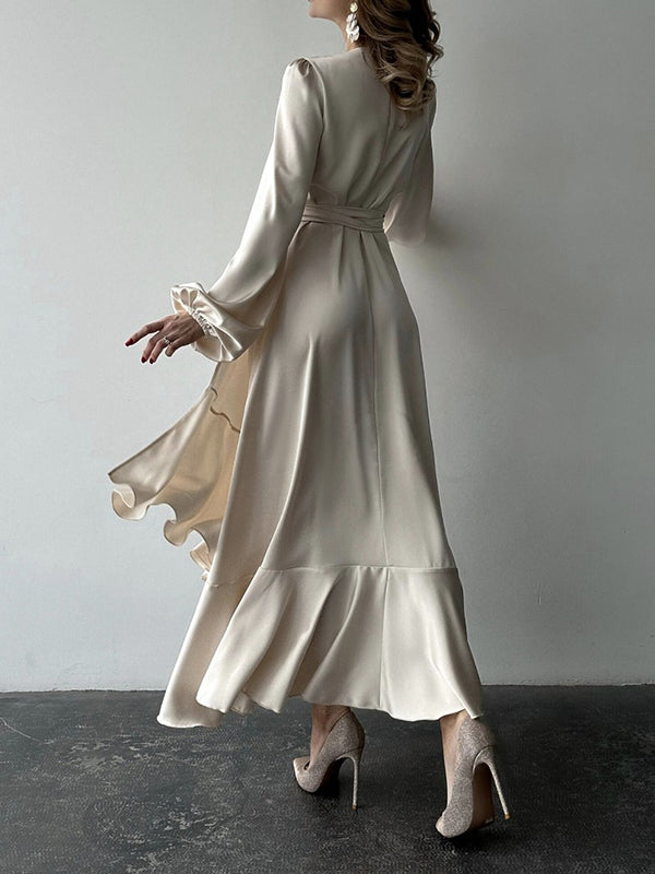 Loose Puff Sleeves Asymmetric Pleated Solid Color Split-Joint Tied Waist V-Neck Maxi Dresses Shirt Dress