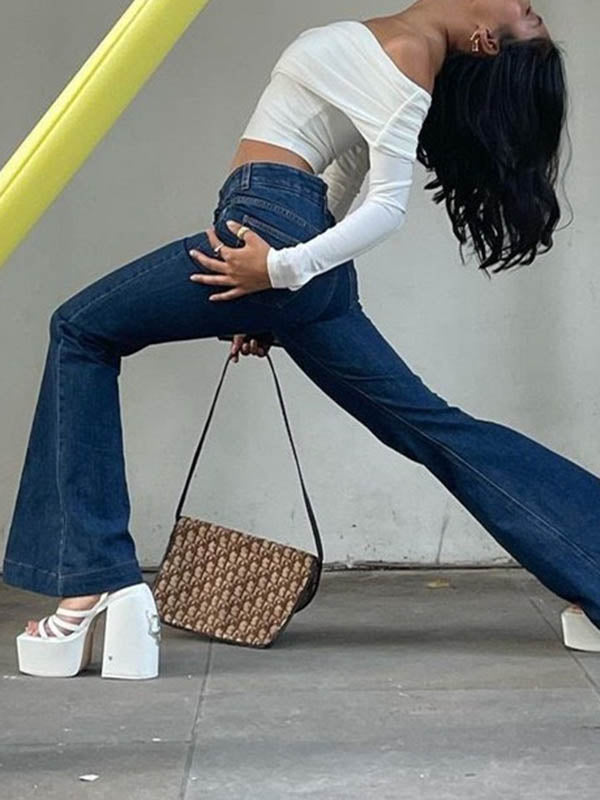 Skinny Pleated See-Through Solid Color Split-Joint Off-The-Shoulder T-Shirts