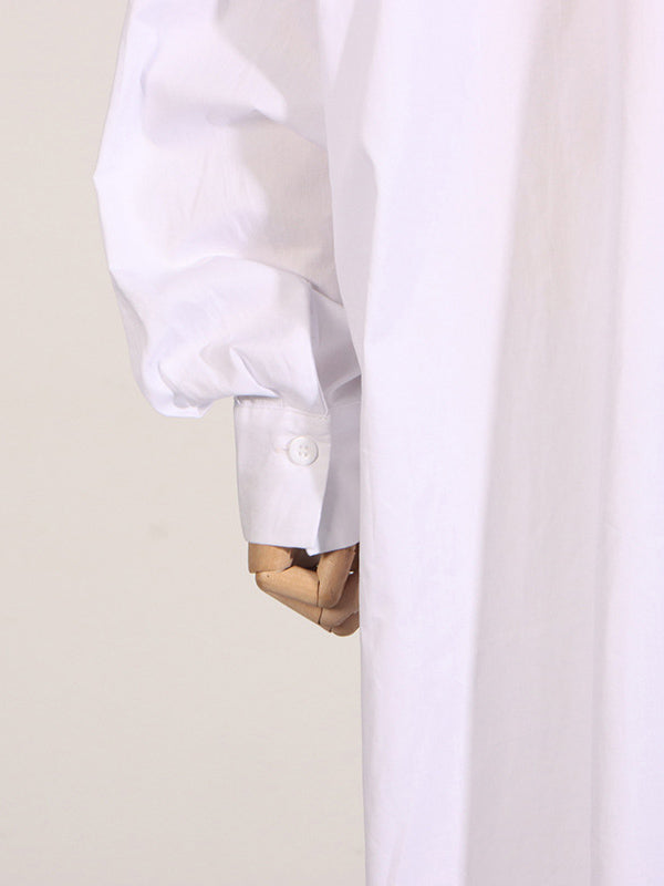 Long Sleeves Loose See-Through Solid Color Split-Joint Split-Side Lapel Maxi Dresses Shirt Dress