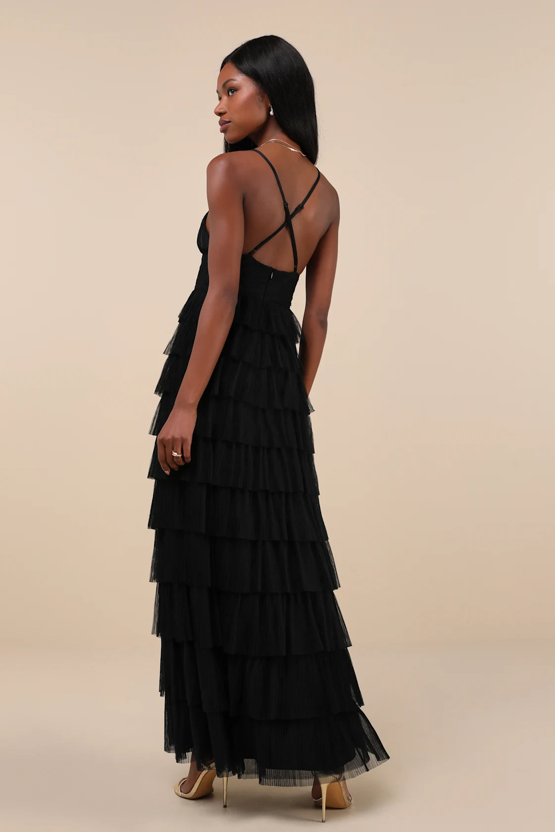 Women Sexy Black Mesh Dress Tiered Maxi Backless Dress