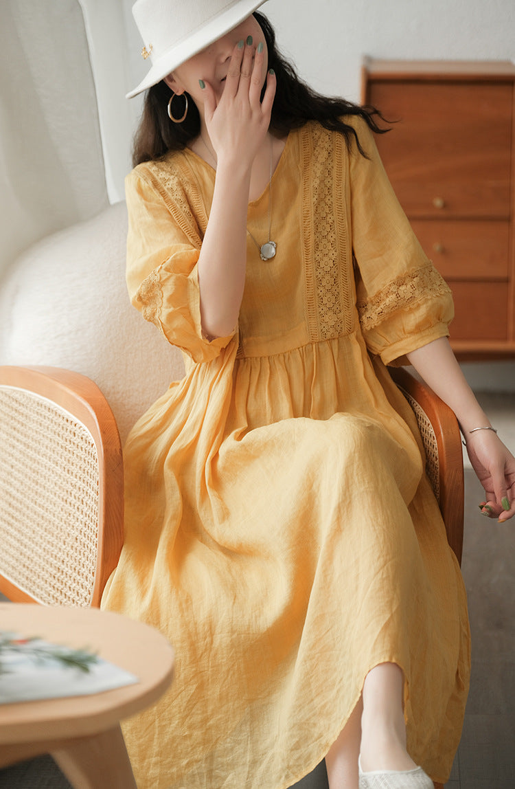 Literary Simple Seven-quarter Sleeve Lace-up Maxi Dress