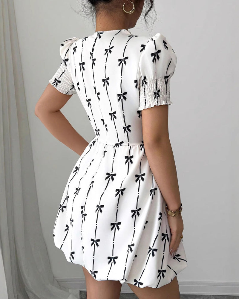 Elegant Tight-Waisted Bow-Print Dress