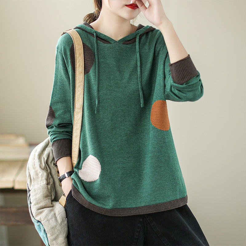 Retro Big Polka Dot Hooded Knit Sweatshirt