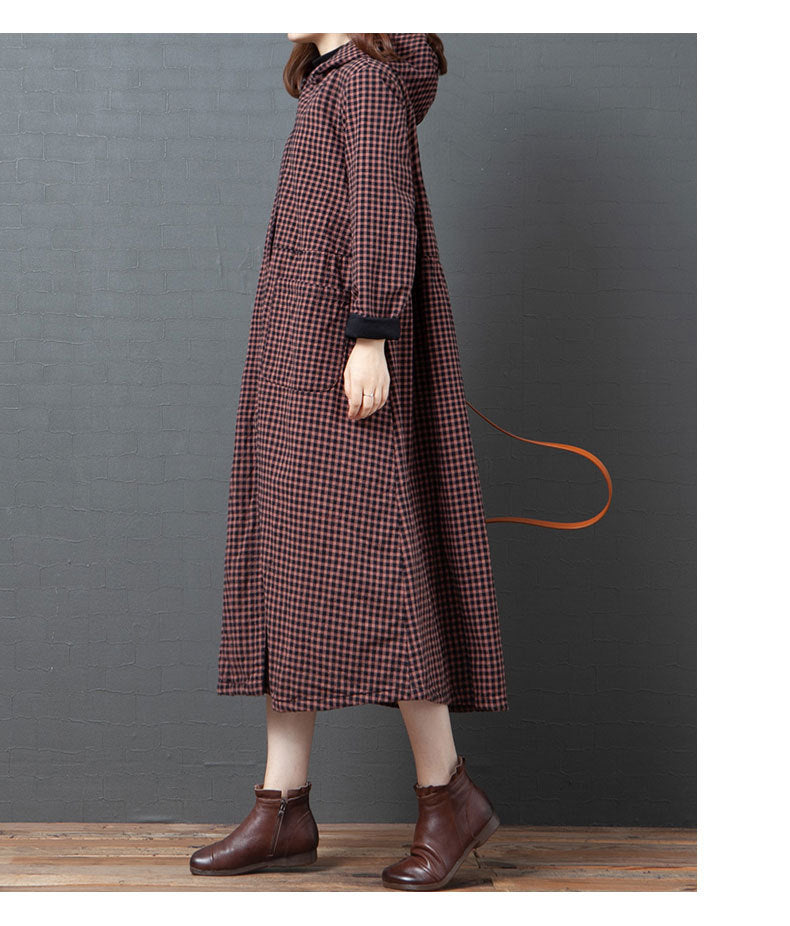 Loose Splicing Hooded Plaid Midi Dress