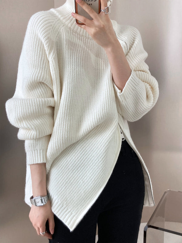 Casual Solid Color Zipper Turtleneck Knit Sweater