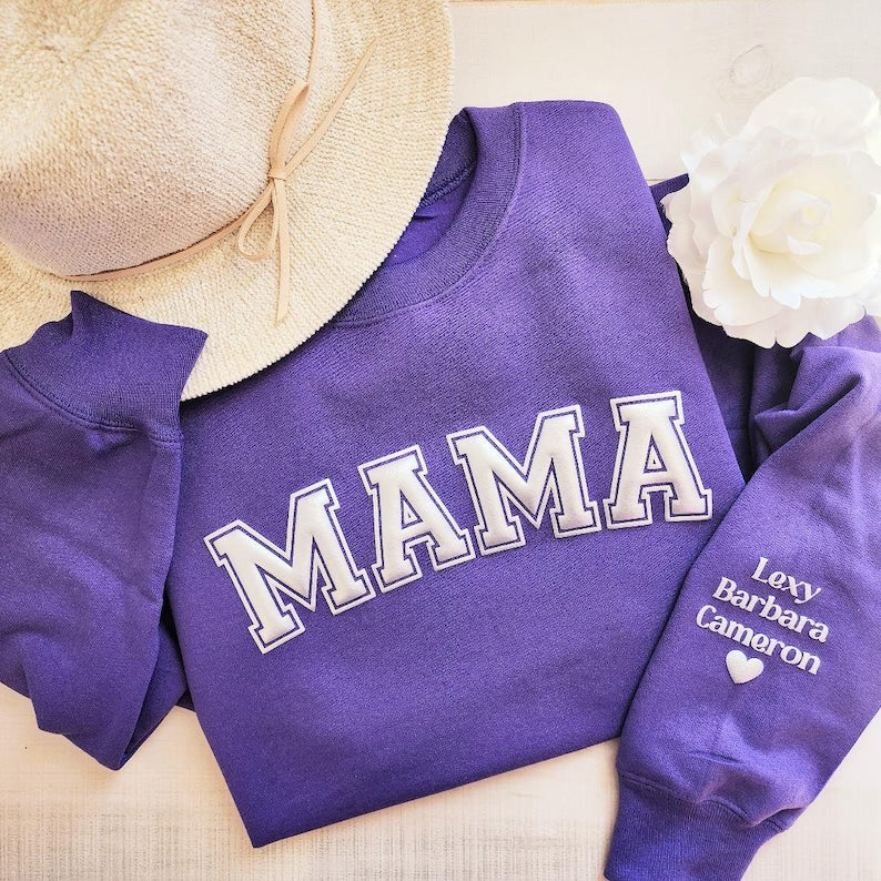 Mama Keepsake Sweatshirt with Puff .LetteringPersonalized Kid Names on Sleeve, Mama Sweater, New Mom Gift