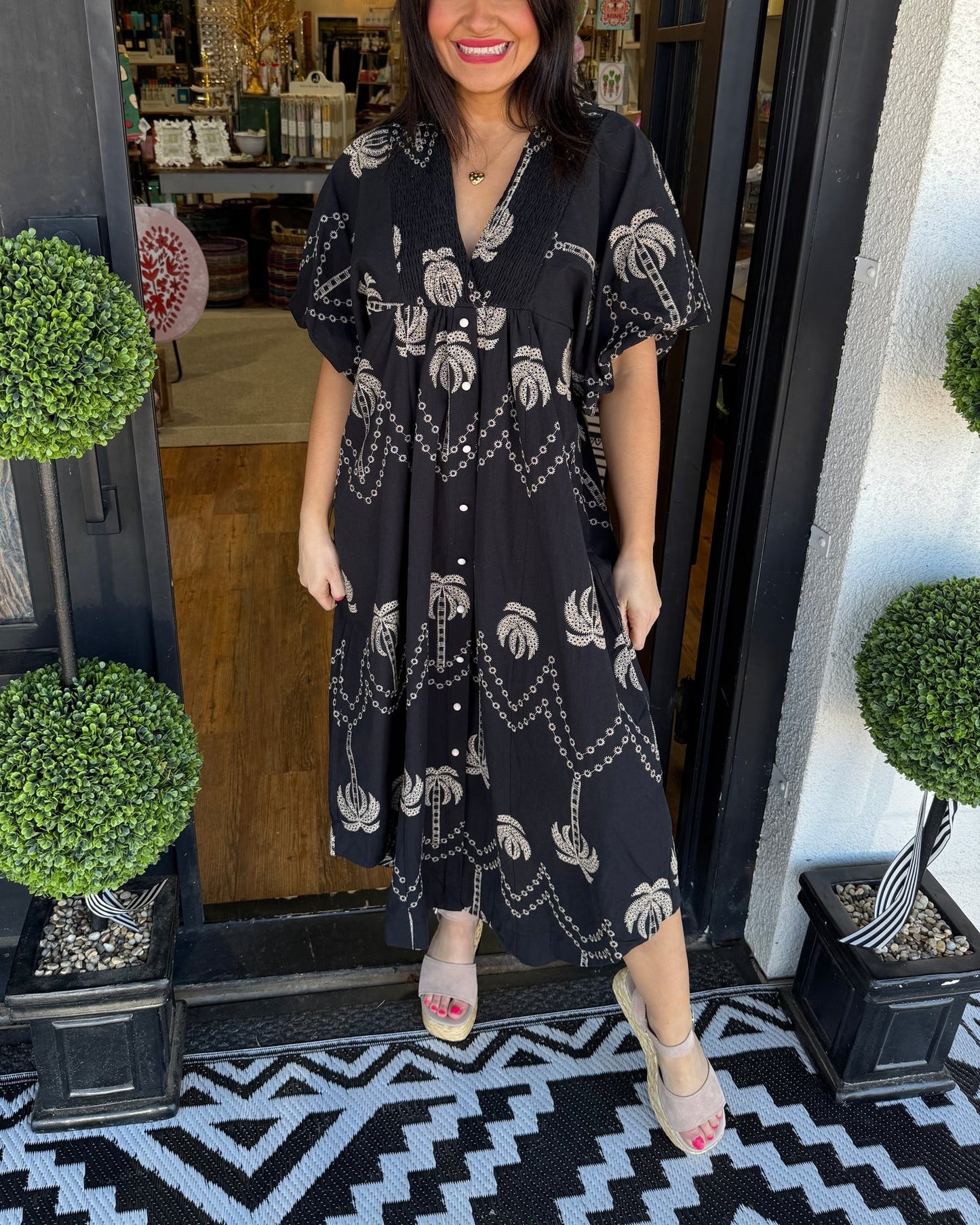 Oversized Textured V-Neck Palm Tree Print Dress (Buy 2 Free Shipping)