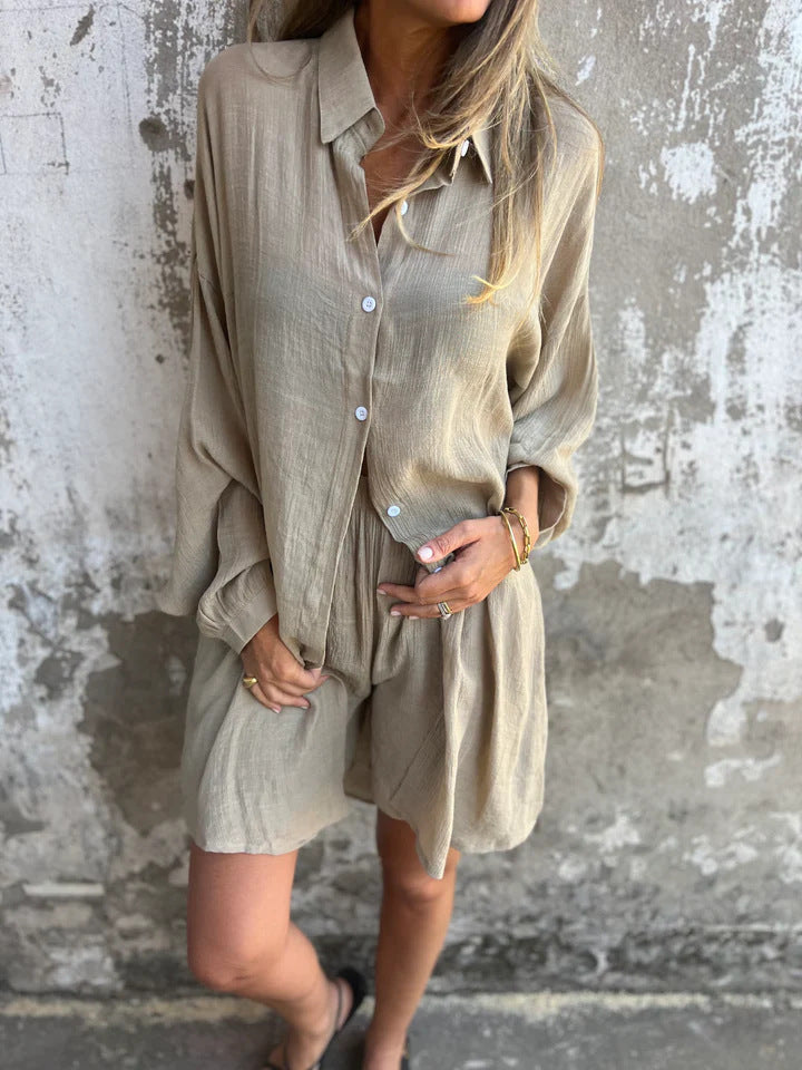 Casual Solid Color Shorts Long Sleeve Wrinkled Cloth Shirt Two-Piece Set
