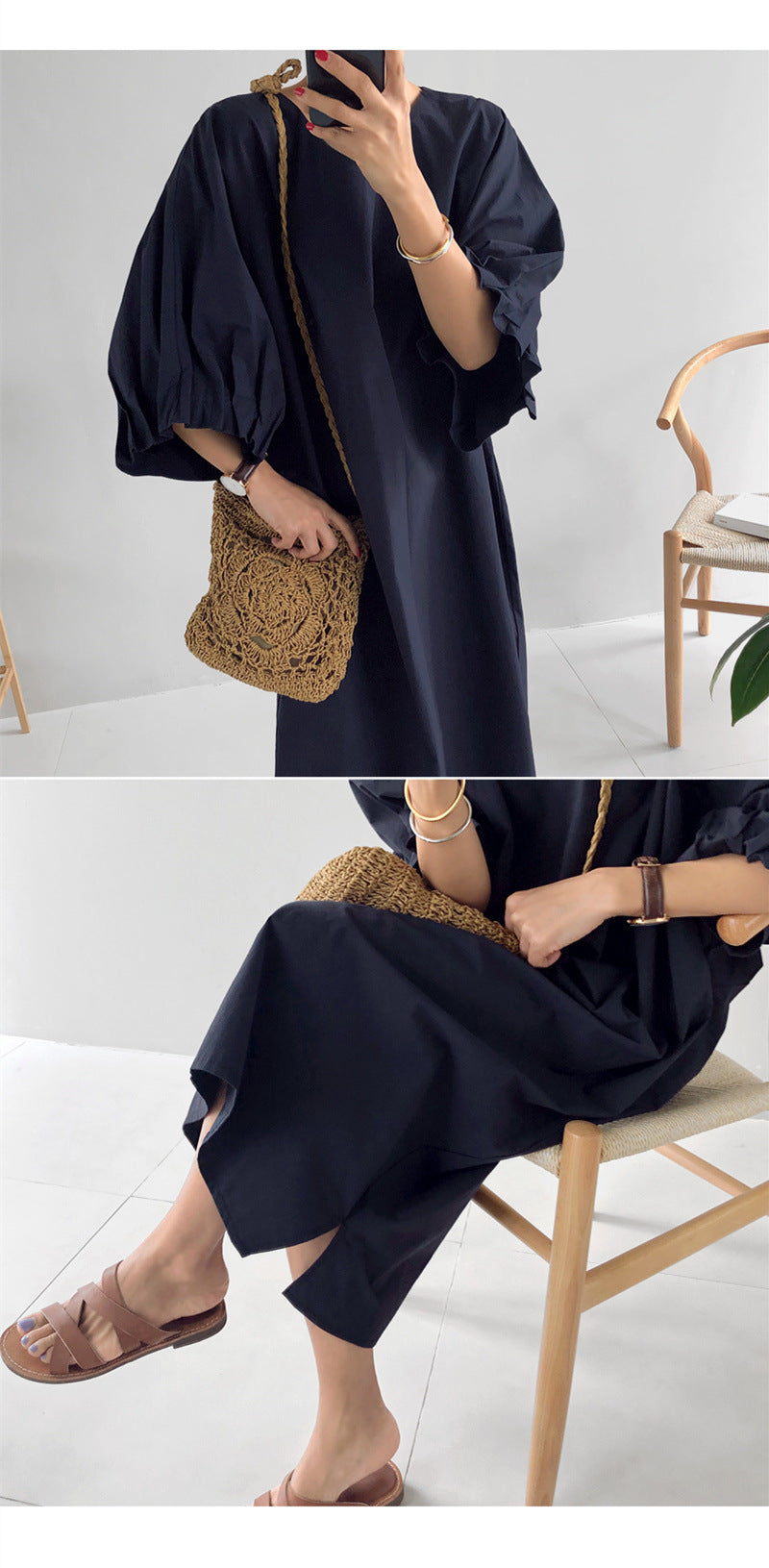 Loose Solid Color Midi Dress