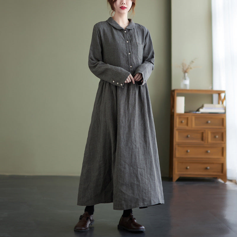 Retro Solid Color Long Sleeve Maxi Dress