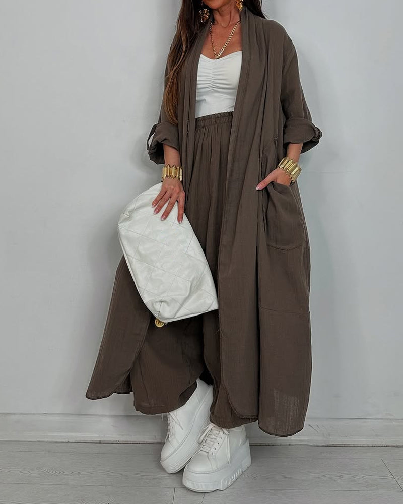 Casual Long Cardigan & Pants Two-piece Set