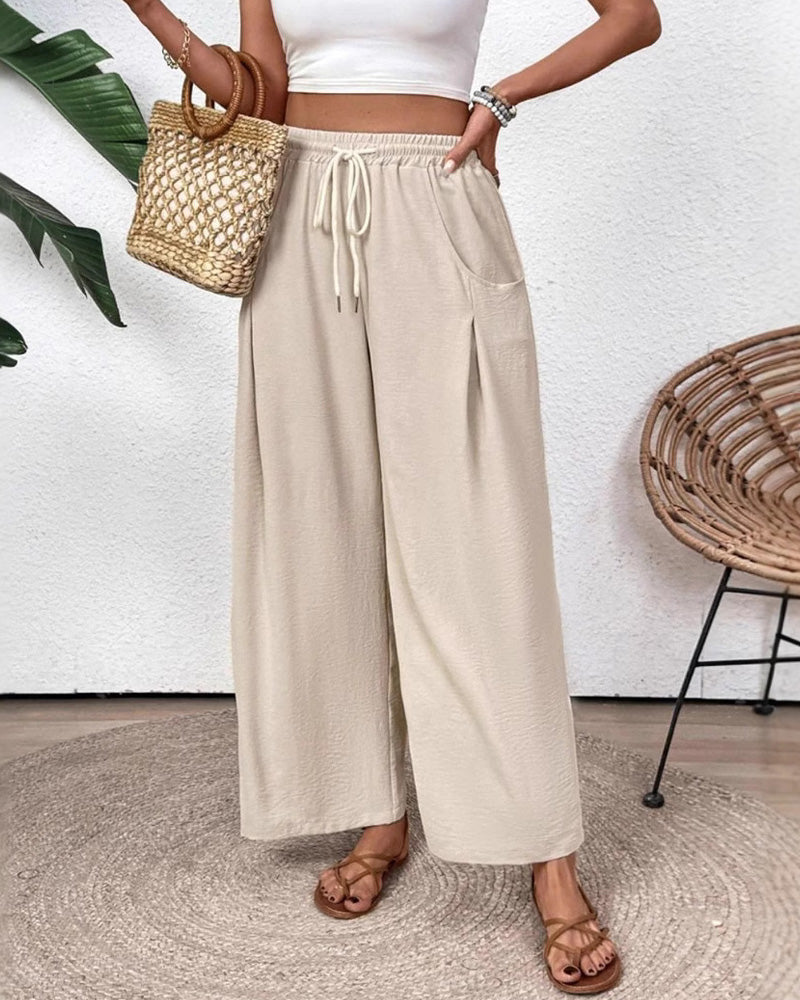 Drawstring Pocket Wide Leg Casual Pants