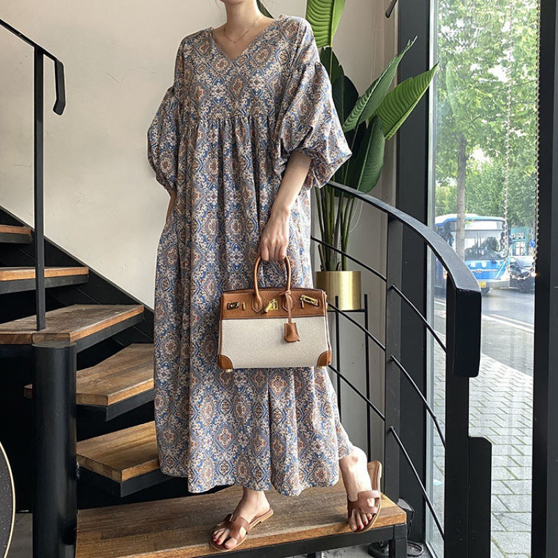 Ethnic Style Floral V-Neck Lantern Sleeve Midi Dress