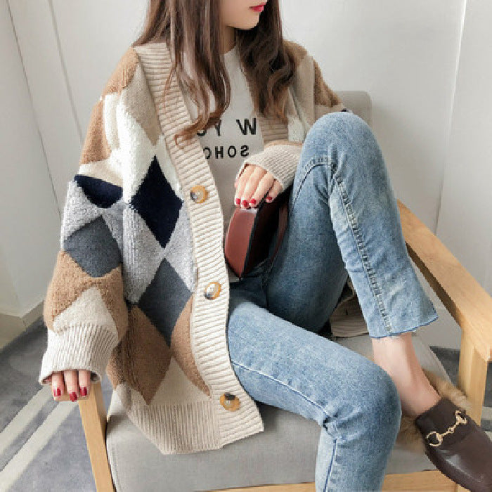 Literary Rhombus Plaid Sweater Outerwear