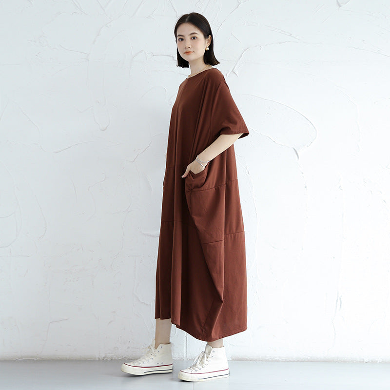 Loose Solid Round Neck Bat Sleeve Maxi Dress With Pocket