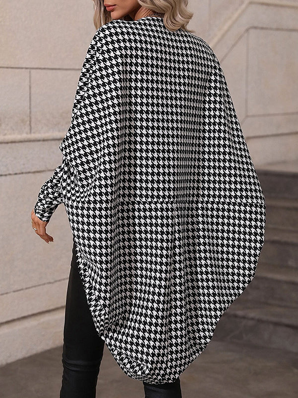 Batwing Sleeves High-Low Houndstooth Outerwear