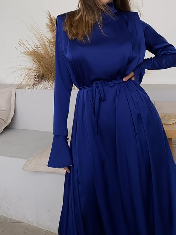 Flared Sleeves Long Sleeves Solid Color High-Neck Maxi Dresses