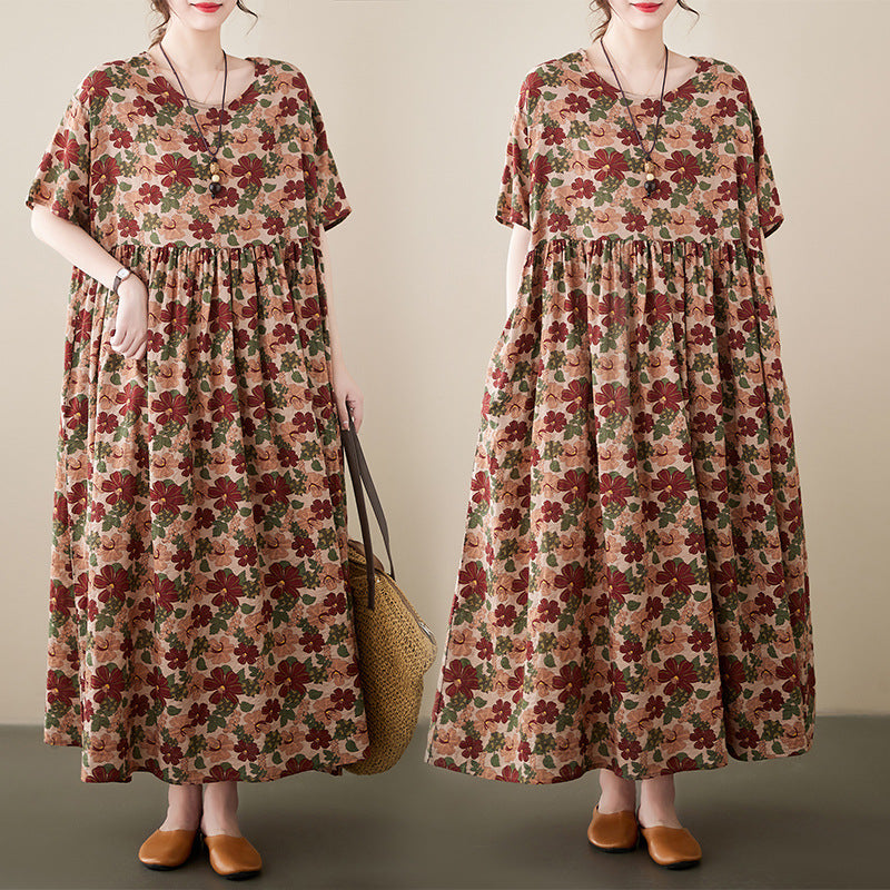 Ethnic Style Floral Print Short Sleeve Round Neck Maxi Dress