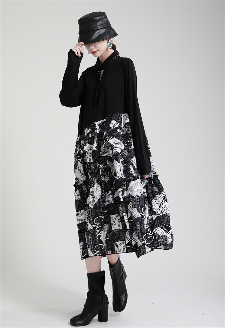 Irregular Splicing Long Sleeve Midi Dress