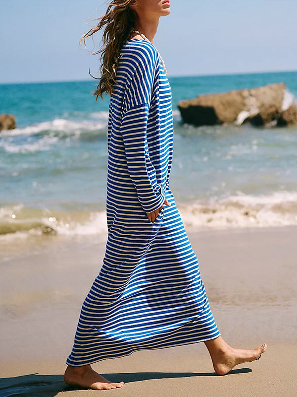 Long Sleeves Loose Contrast Color No Belt Split-Joint Striped Round-Neck Maxi Dresses