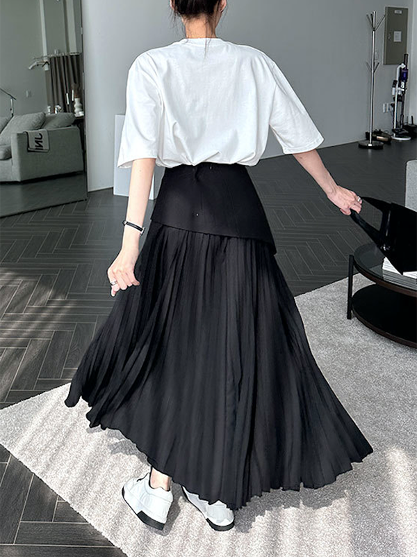 A-Line Loose Contrast Color Pleated Split-Joint Skirts Bottoms