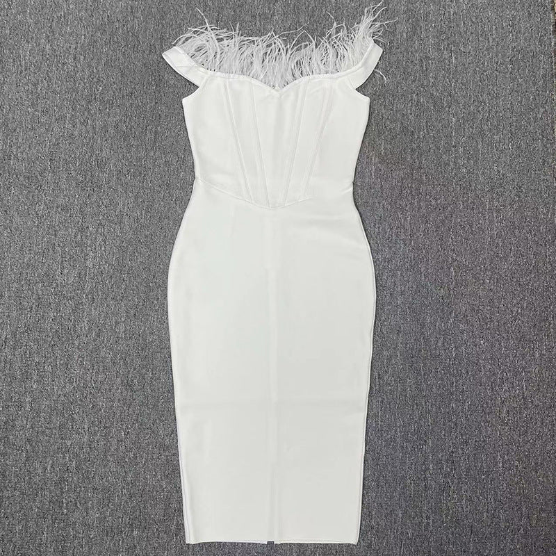 Fashion New bandage women's sexy tube top package hip slimming dress feather senior Fishbone evening dress