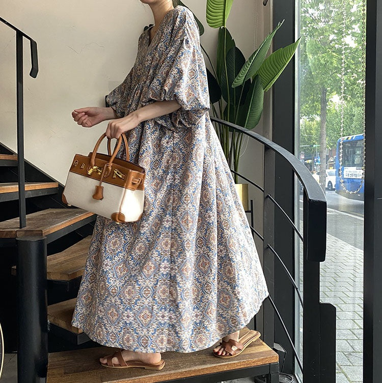 Ethnic Style Floral V-Neck Lantern Sleeve Midi Dress