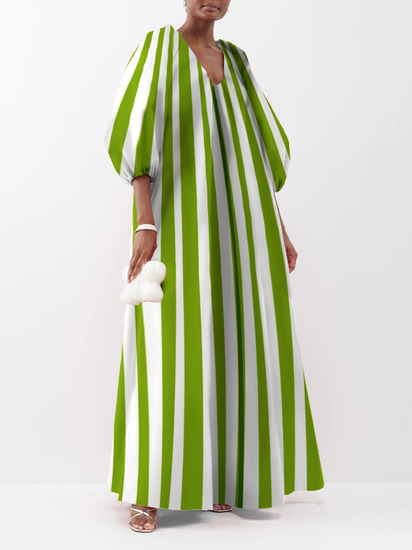 Irregular Stripe Printing V-Neck Puffy Sleeves Loose Maxi Dress