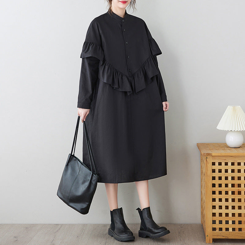 Literary Splicing Stand Collar Midi Dress