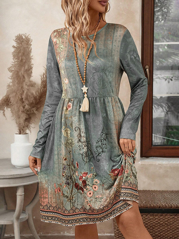 A-line Long Sleeves Flower Print Pleated Split-Joint Round-neck Mini Dresses