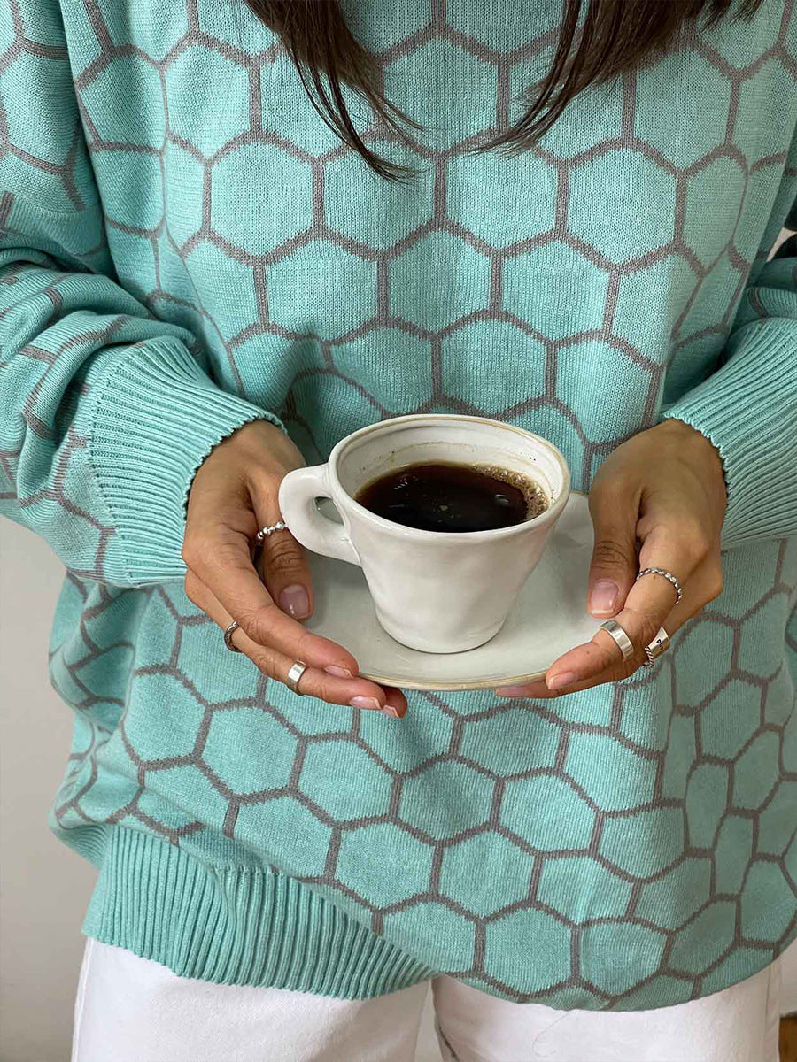 Round neck honey sweater autumn and winter loose plaid pullover round neck knitted women's top