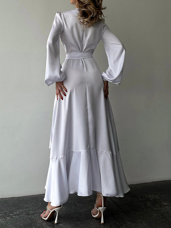 Loose Puff Sleeves Asymmetric Pleated Solid Color Split-Joint Tied Waist V-Neck Maxi Dresses Shirt Dress